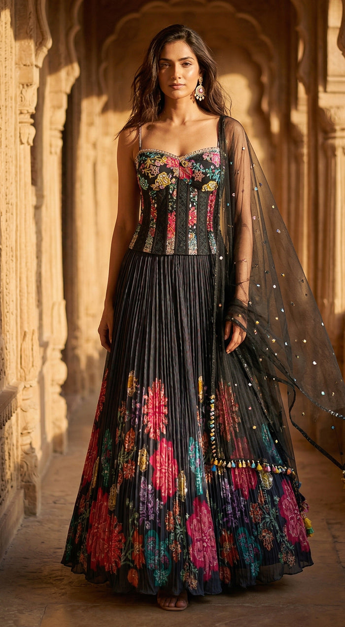 Black Georgette embroidered Lehenga Set