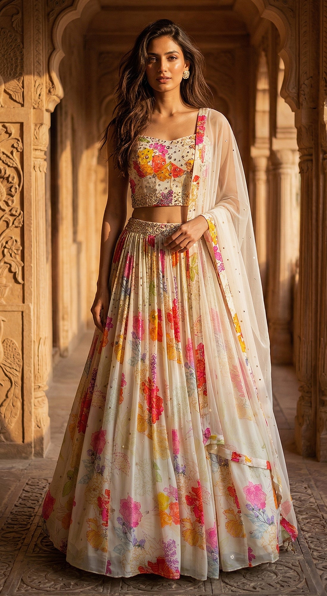 Ivory Georgette Embroidered Lehenga Set