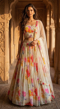 Ivory Georgette Embroidered Lehenga Set