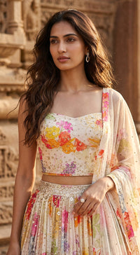 Ivory Georgette Embroidered Lehenga Set