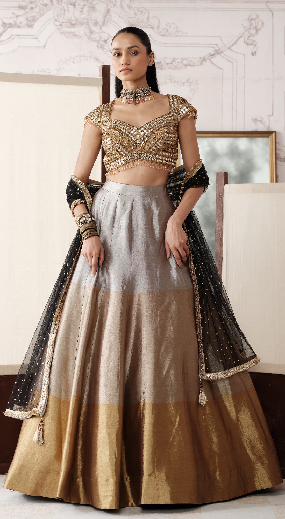 The Royal Gold Ombre embellished tissue lehenga - Basanti kapde aur koffee