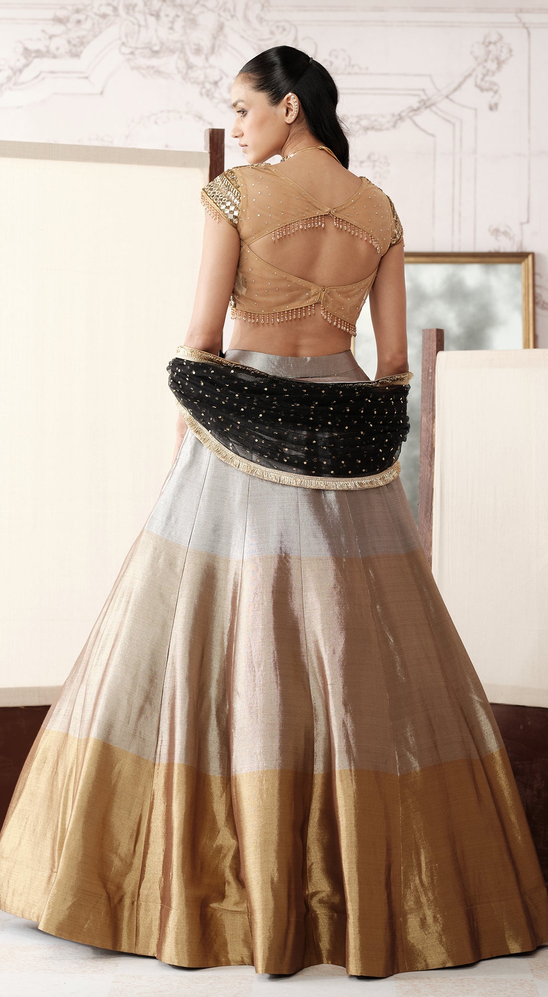 The Royal Gold Ombre embellished tissue lehenga - Basanti kapde aur koffee