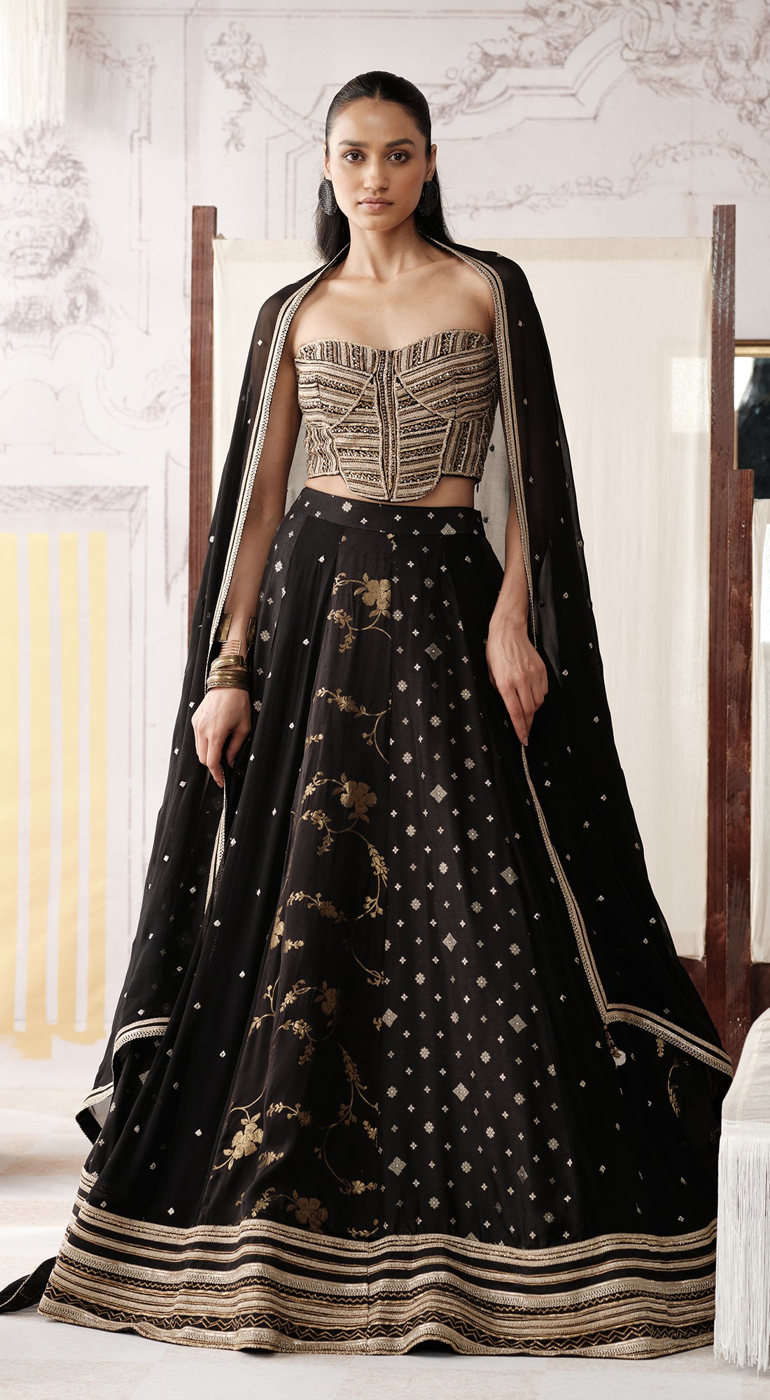 Black corset lehenga with sweetheart-neck blouse and georgette dupatta - Basanti kapde aur koffee