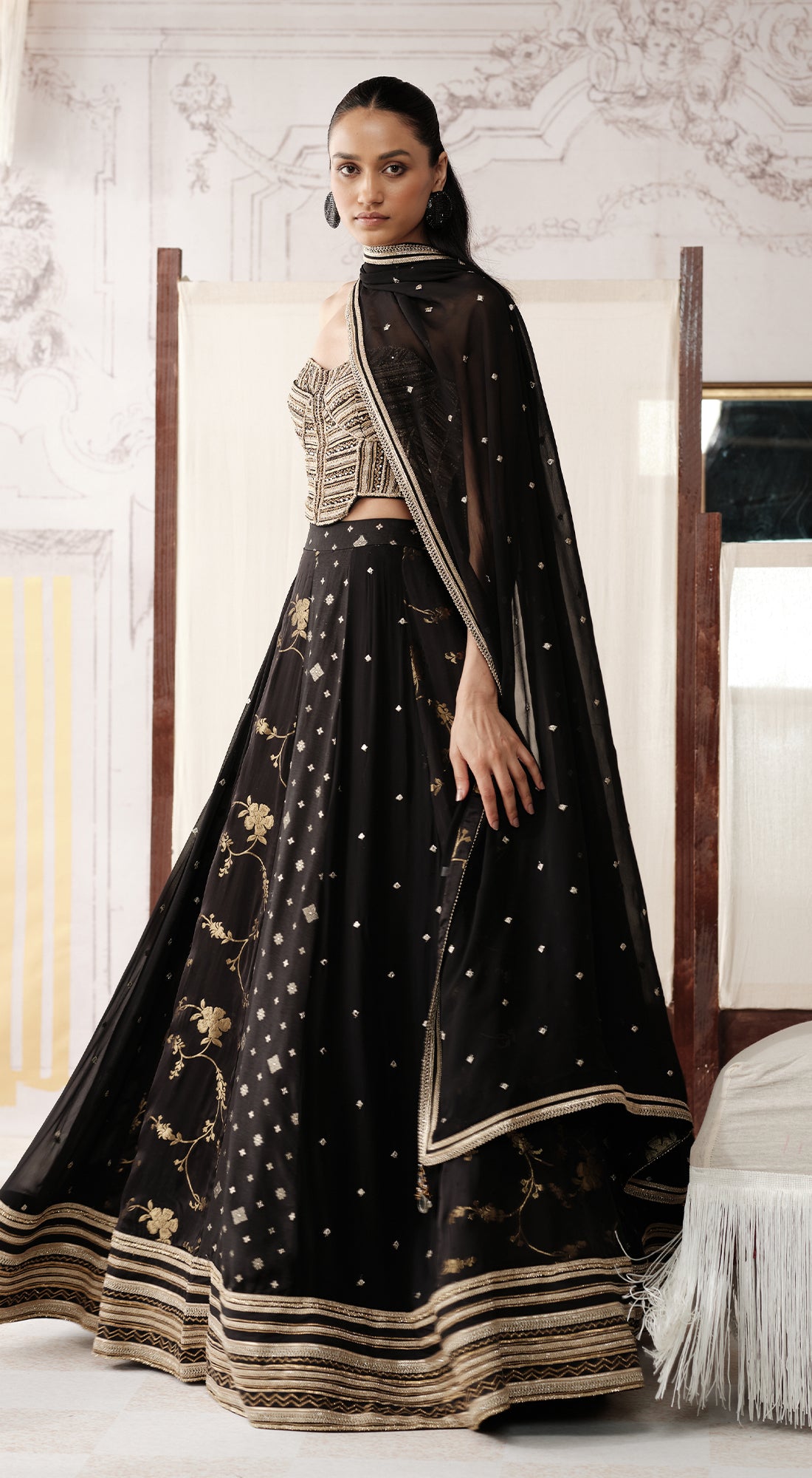 Black corset lehenga with sweetheart-neck blouse and georgette dupatta - Basanti kapde aur koffee