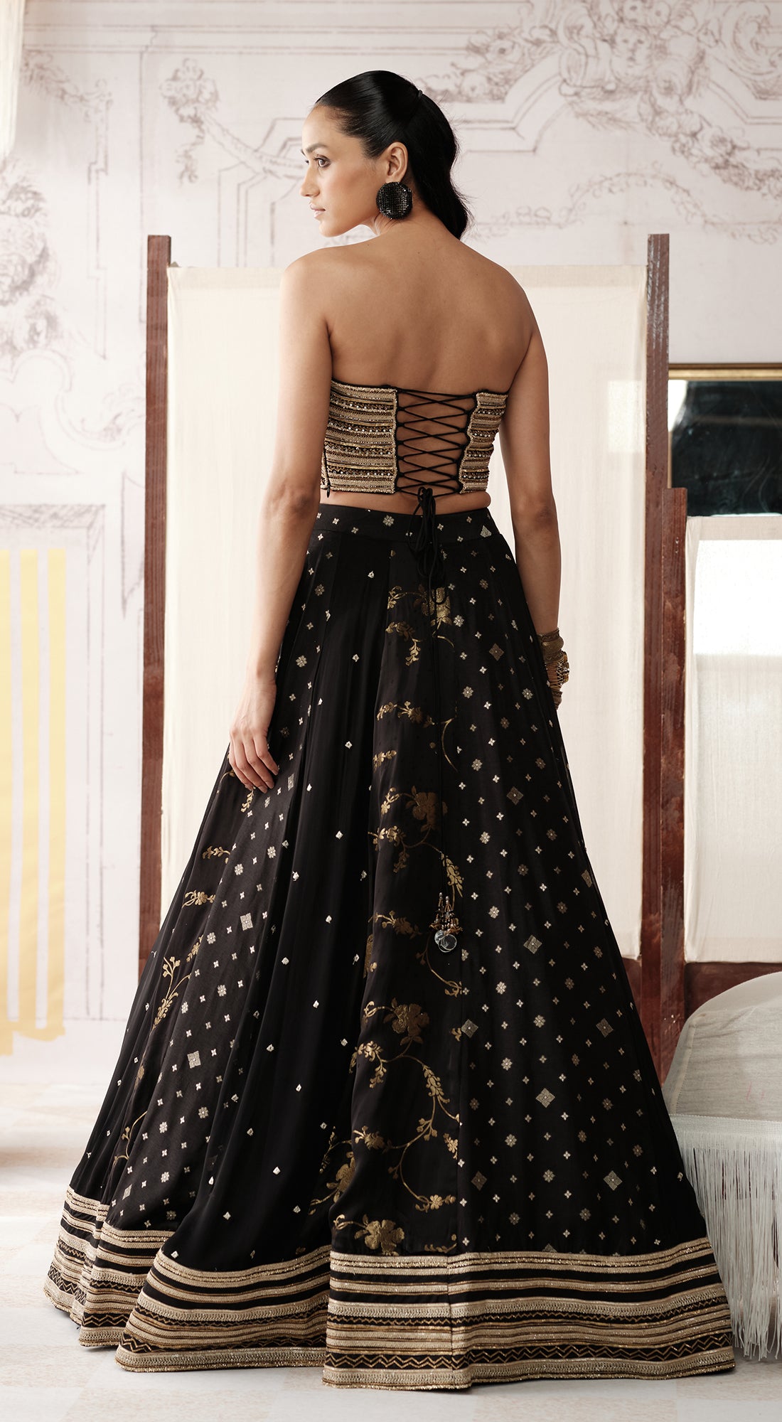 Black corset lehenga with sweetheart-neck blouse and georgette dupatta - Basanti kapde aur koffee