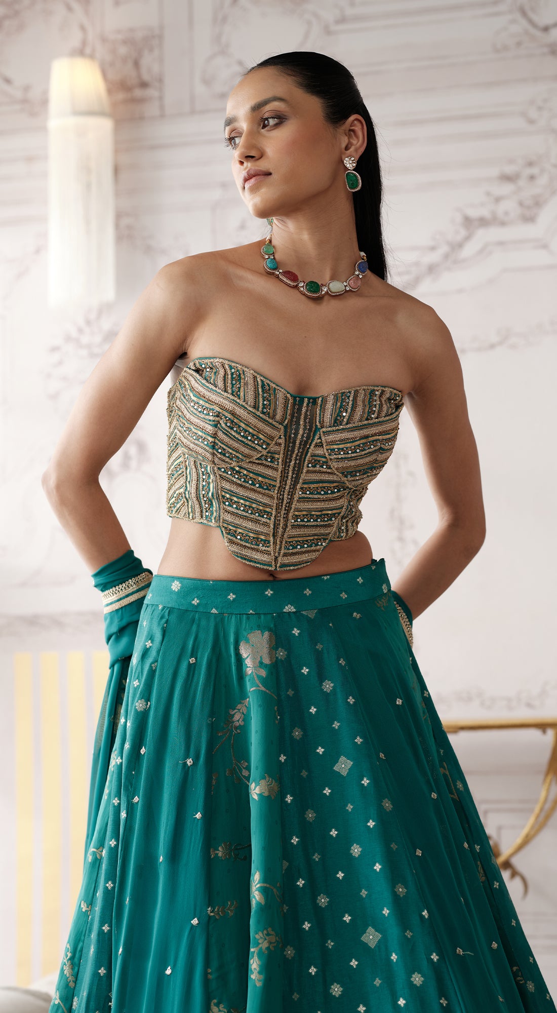 Green Banarasi corset lehenga with sweetheart-neck blouse - Basanti kapde aur koffee