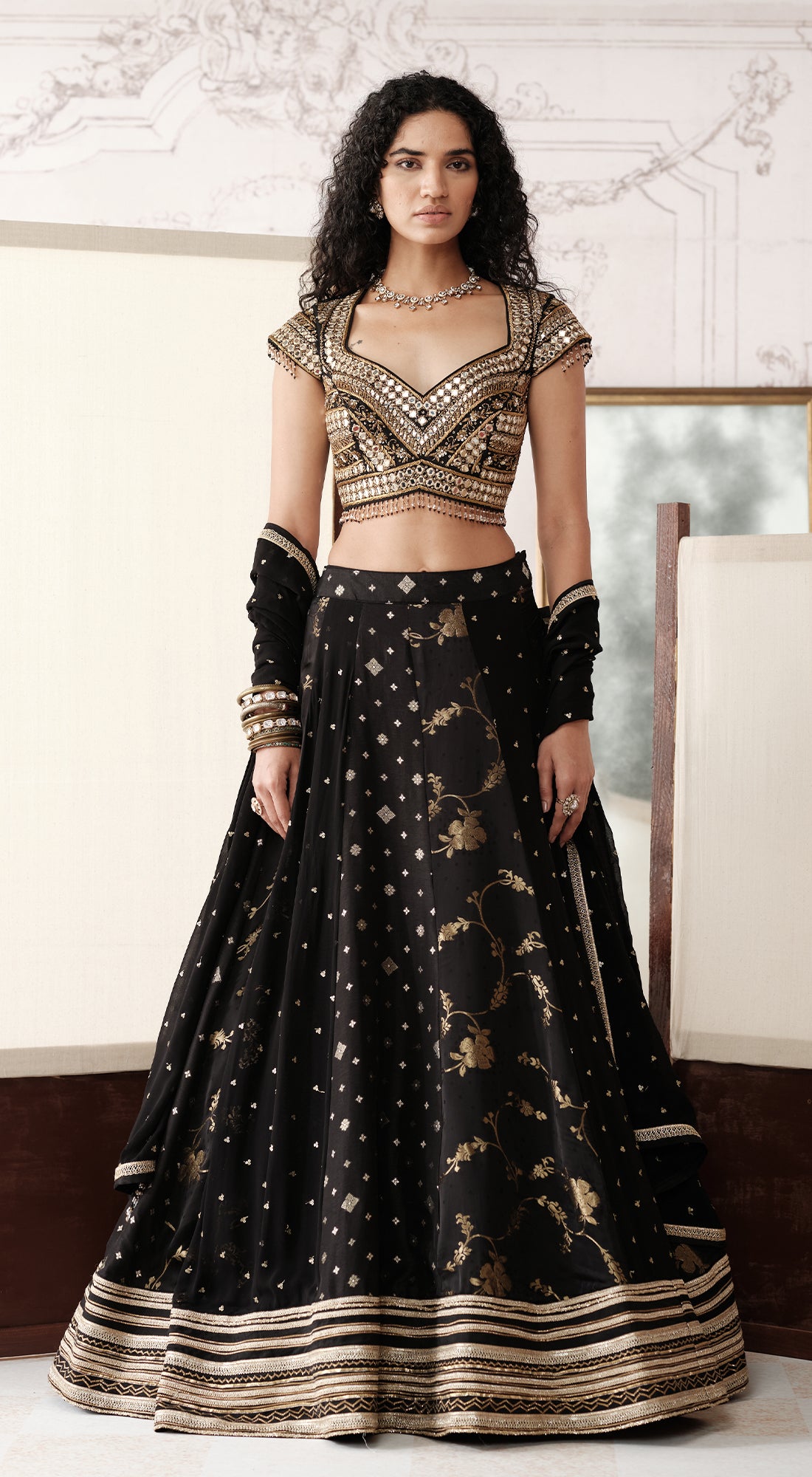 Black & Gold Banarasi silk lehenga with mirror and brass embroidery - Basanti kapde aur koffee