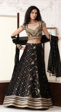 Black & Gold Banarasi silk lehenga with mirror and brass embroidery - Basanti kapde aur koffee