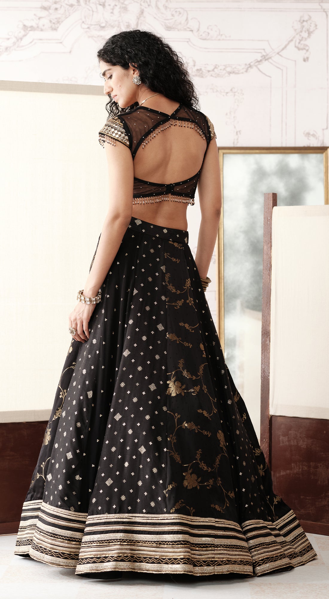 Black & Gold Banarasi silk lehenga with mirror and brass embroidery - Basanti kapde aur koffee