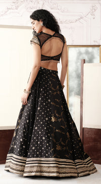 Black & Gold Banarasi silk lehenga with mirror and brass embroidery - Basanti kapde aur koffee