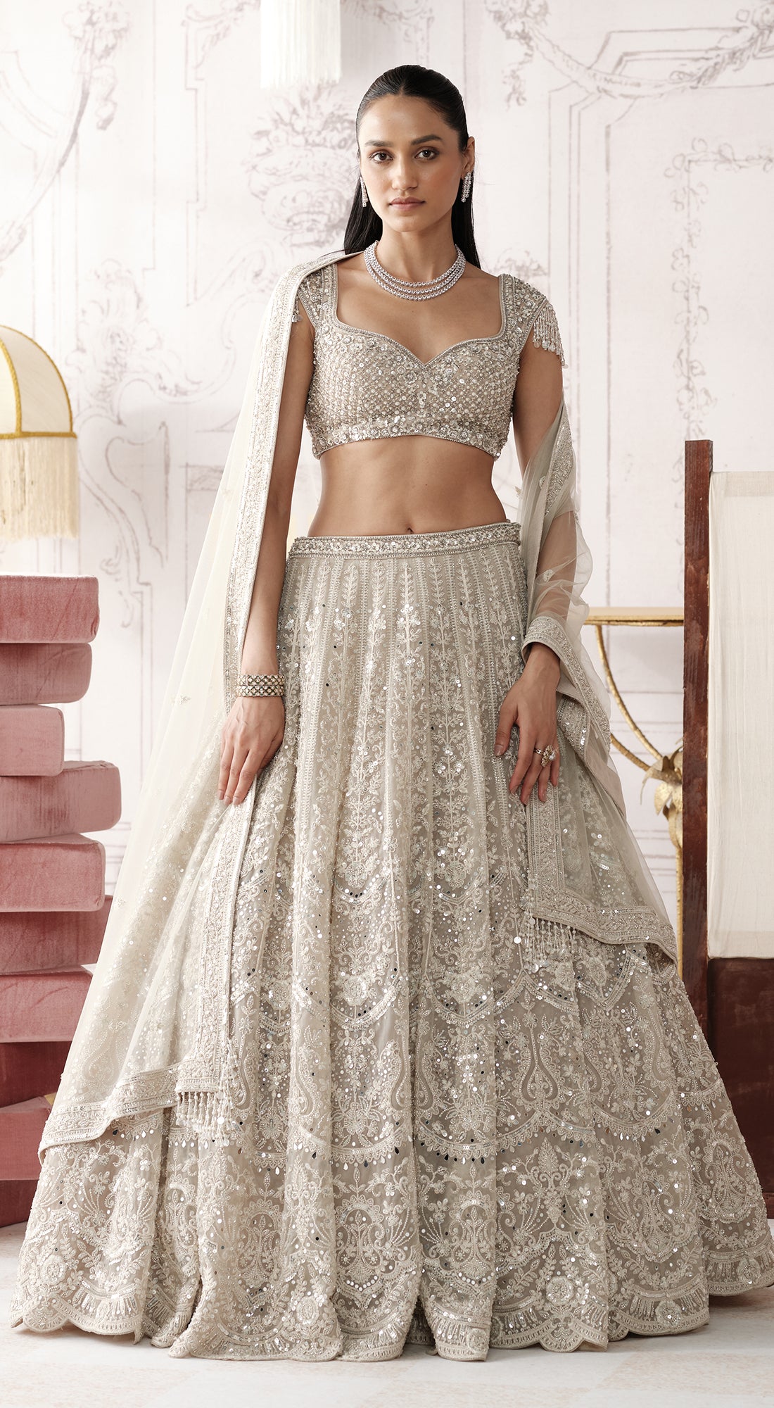 Basanti Kapde Aur Koffee Platinum Eclat light grey embroidered lehenga set