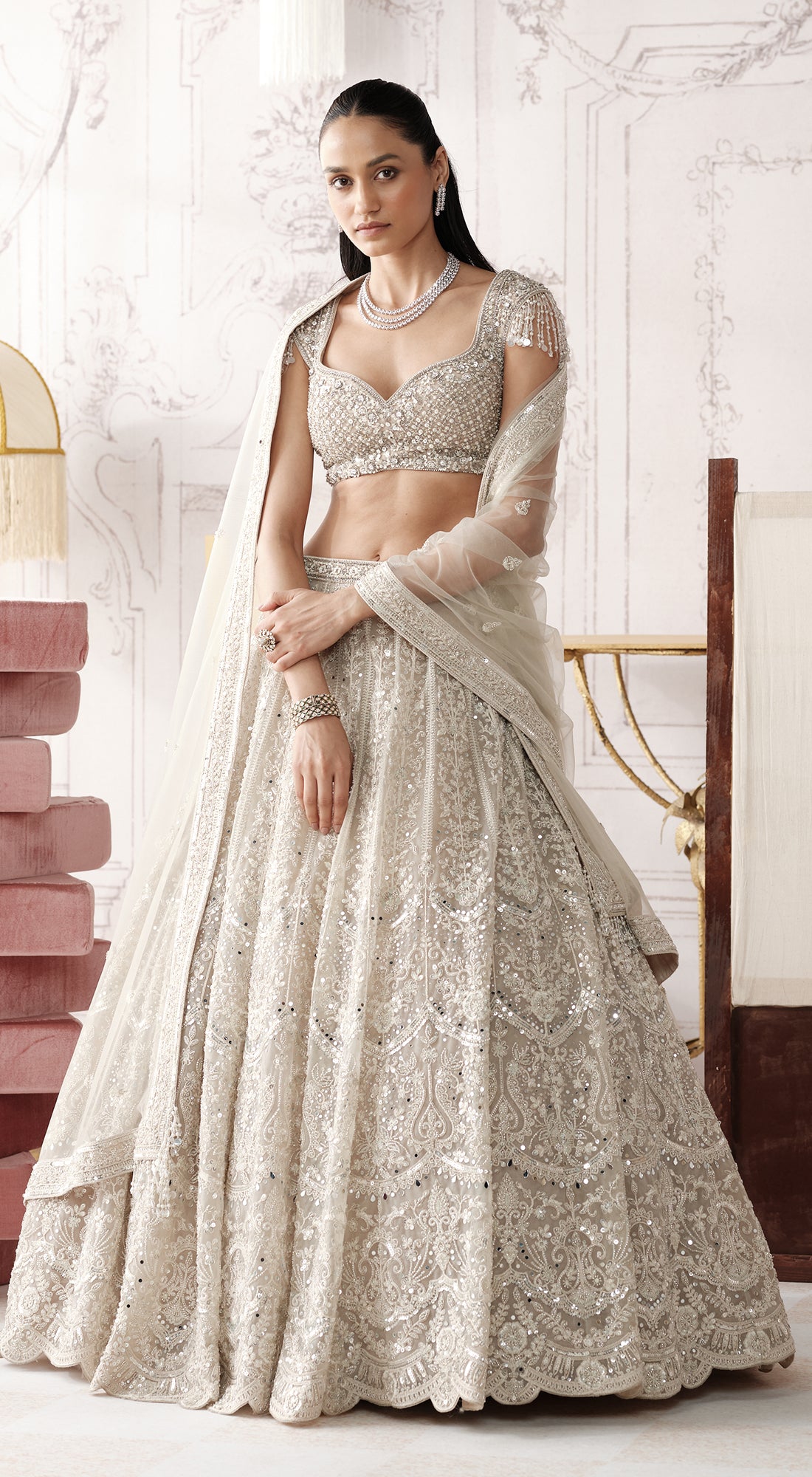 Basanti Kapde Aur Koffee Platinum Eclat light grey embroidered lehenga set