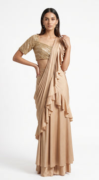 BEIGE EMBROIDERED DRAPED RUFFLE SAREE - PRDV-2938-LIGHT-GOLD - image 1
