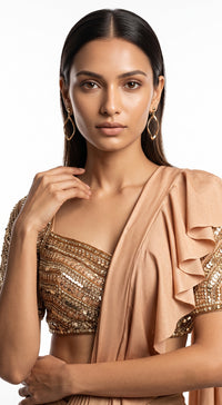 BEIGE EMBROIDERED DRAPED RUFFLE SAREE - PRDV-2938-LIGHT-GOLD - image 3