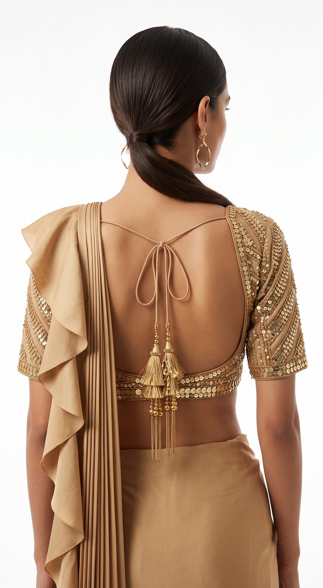 BEIGE EMBROIDERED DRAPED RUFFLE SAREE - PRDV-2938-LIGHT-GOLD - image 4