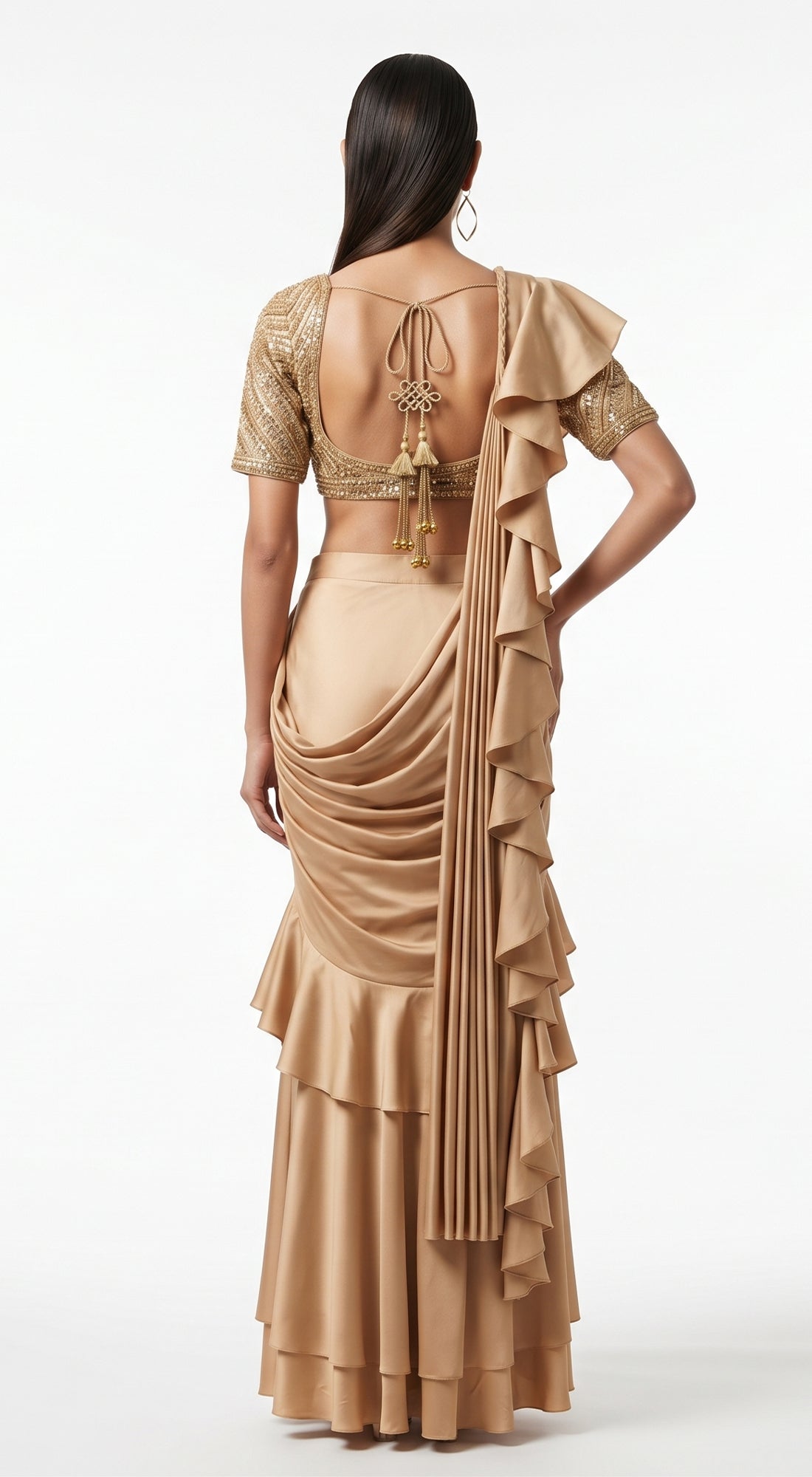 BEIGE EMBROIDERED DRAPED RUFFLE SAREE - PRDV-2938-LIGHT-GOLD - image 5
