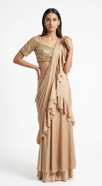 BEIGE EMBROIDERED DRAPED RUFFLE SAREE - PRDV-2938-LIGHT-GOLD - image 1