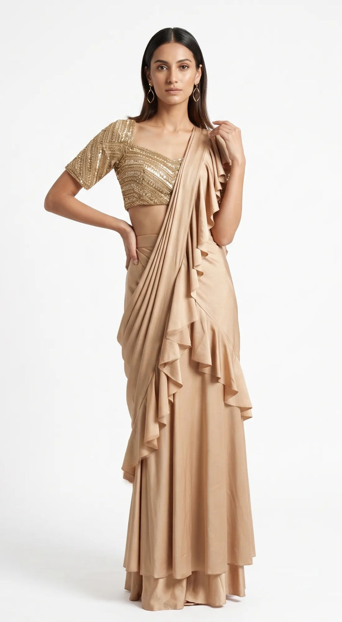 BEIGE EMBROIDERED DRAPED RUFFLE SAREE - PRDV-2938-LIGHT-GOLD - image 1