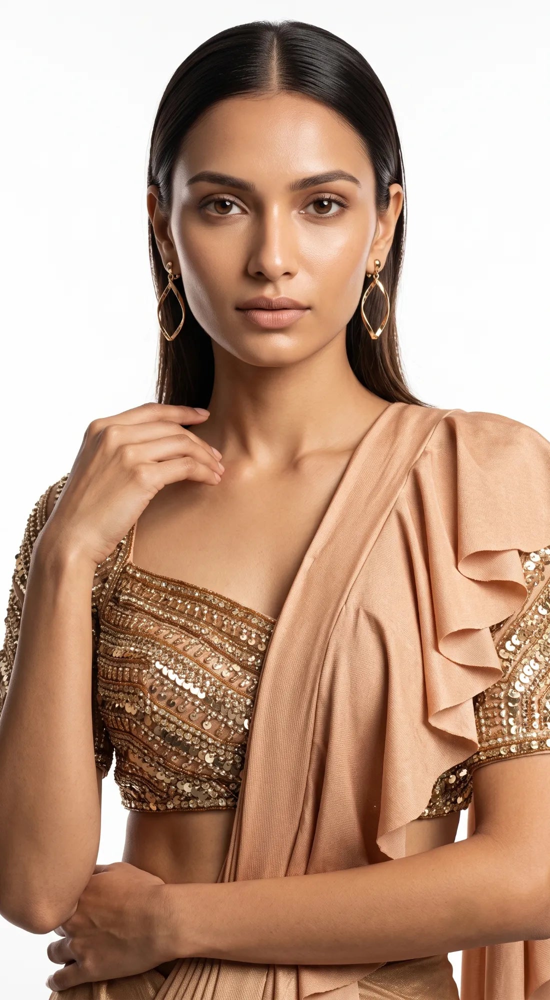BEIGE EMBROIDERED DRAPED RUFFLE SAREE - PRDV-2938-LIGHT-GOLD - image 3