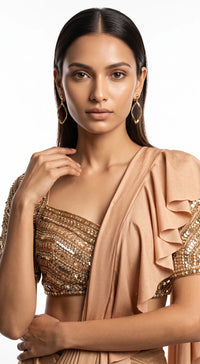 BEIGE EMBROIDERED DRAPED RUFFLE SAREE - PRDV-2938-LIGHT-GOLD - image 3