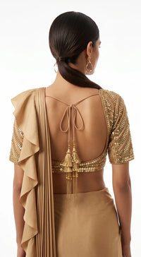 BEIGE EMBROIDERED DRAPED RUFFLE SAREE - PRDV-2938-LIGHT-GOLD - image 4