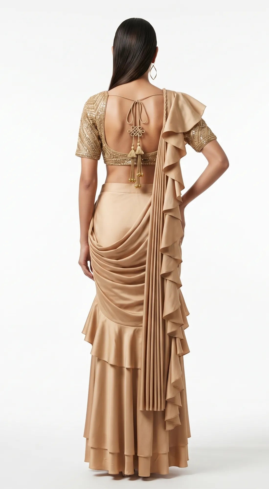 BEIGE EMBROIDERED DRAPED RUFFLE SAREE - PRDV-2938-LIGHT-GOLD - image 5
