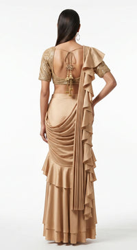 BEIGE EMBROIDERED DRAPED RUFFLE SAREE - PRDV-2938-LIGHT-GOLD - image 5