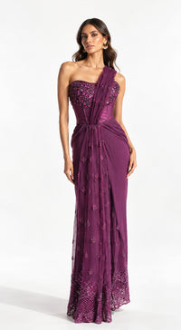 WINE EMBROIDERED DRAPED SAREE - PRDV-2965-WINE - image 1