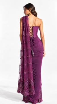 WINE EMBROIDERED DRAPED SAREE - PRDV-2965-WINE - image 4