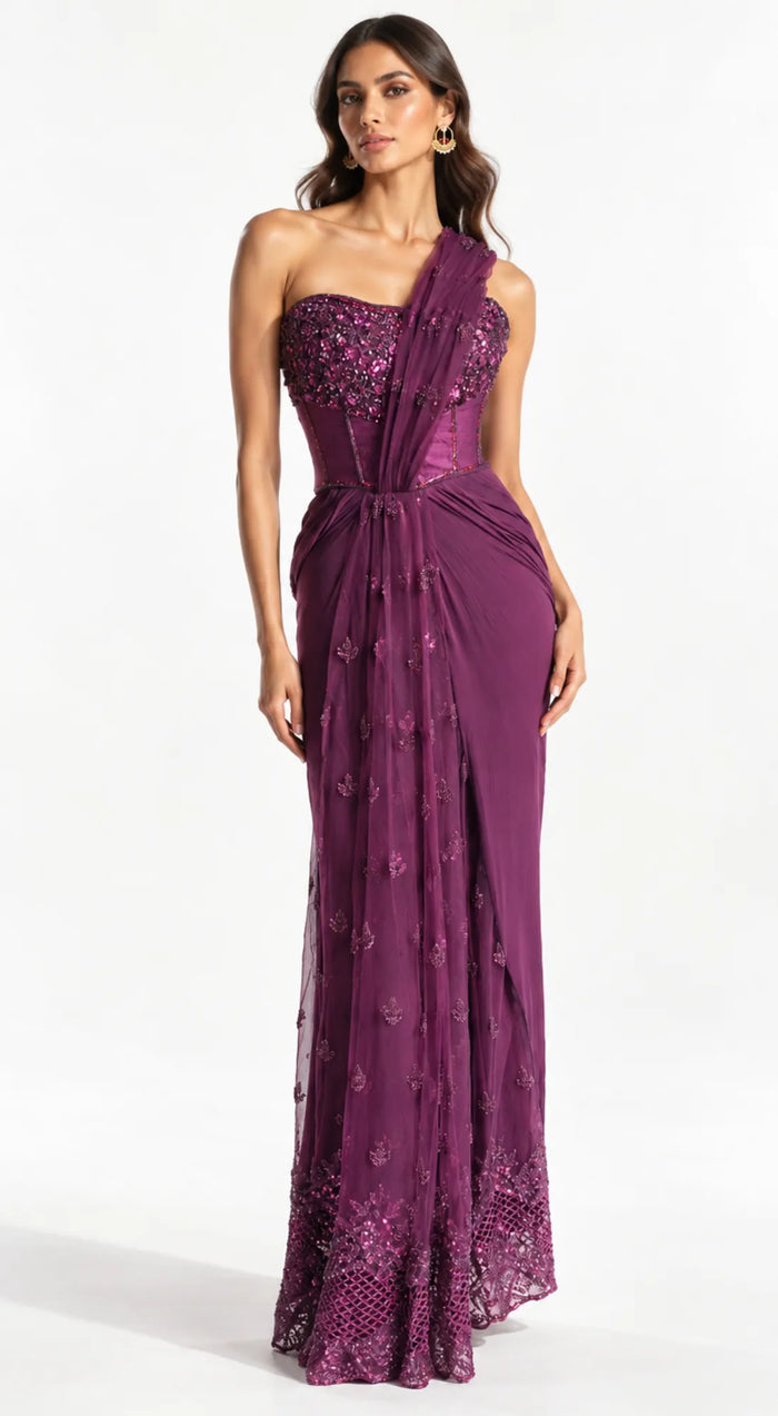 WINE EMBROIDERED DRAPED SAREE - PRDV-2965-WINE - image 1