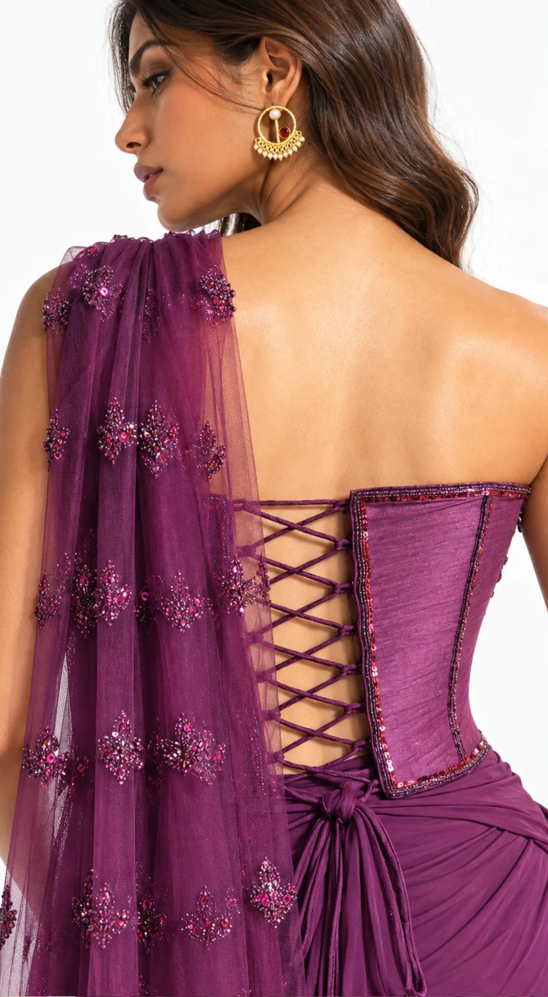 WINE EMBROIDERED DRAPED SAREE - PRDV-2965-WINE - image 3