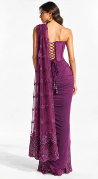 WINE EMBROIDERED DRAPED SAREE - PRDV-2965-WINE - image 4