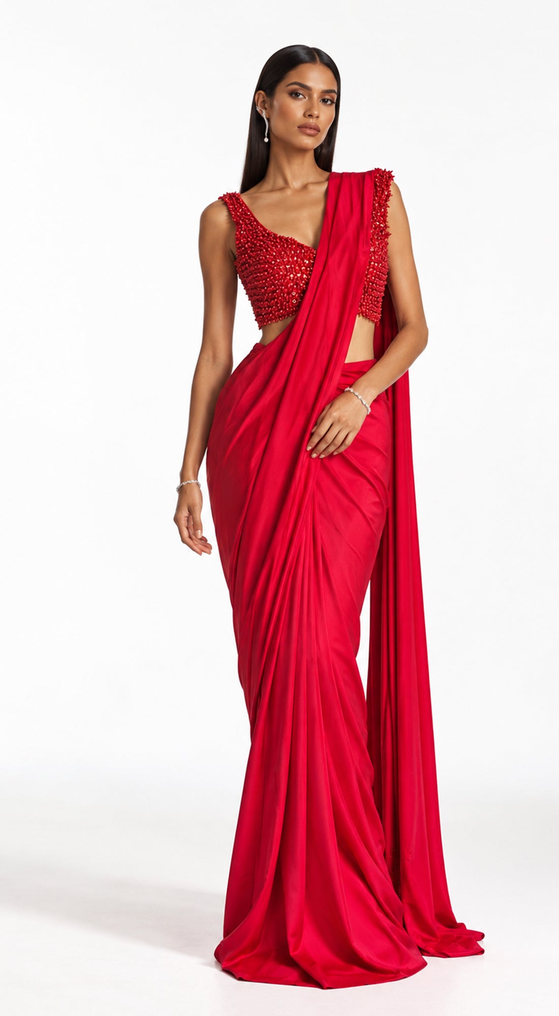 THE CRIMSON EMBROIDERED DRAPED SAREE - PRDV-3949-RED - image 1