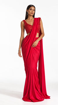THE CRIMSON EMBROIDERED DRAPED SAREE - PRDV-3949-RED - image 1