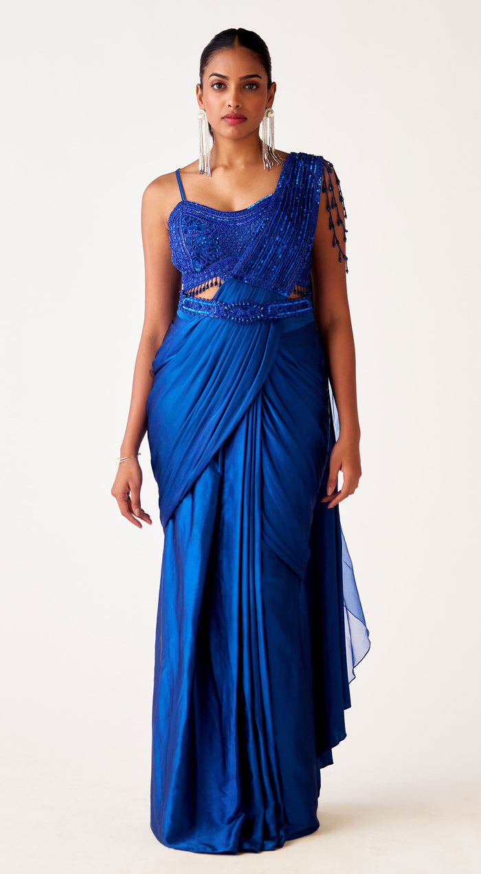 Blue Satin Crepe Embroidered Saree