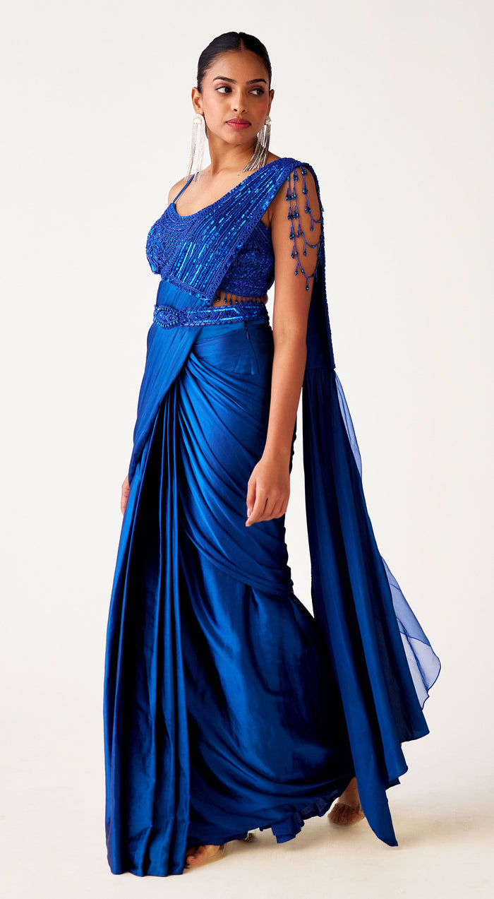 Blue Satin Crepe Embroidered Saree
