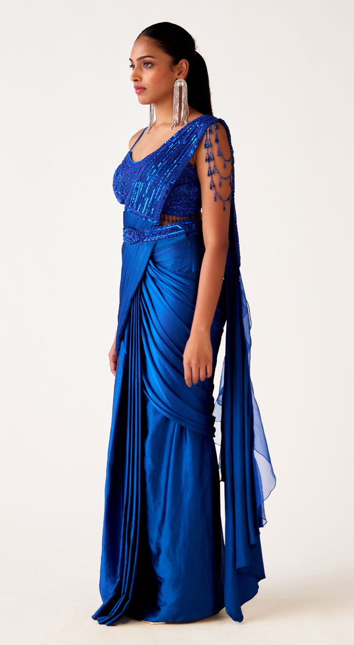 Blue Satin Crepe Embroidered Saree