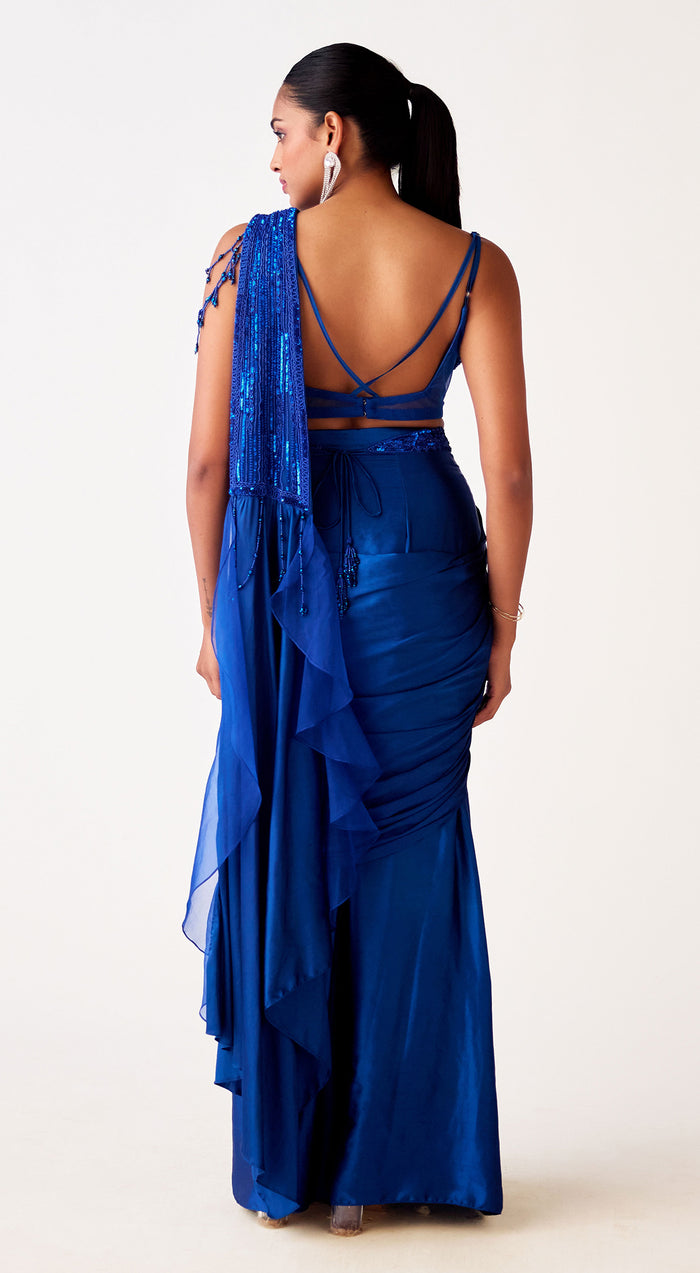 Blue Satin Crepe Embroidered Saree