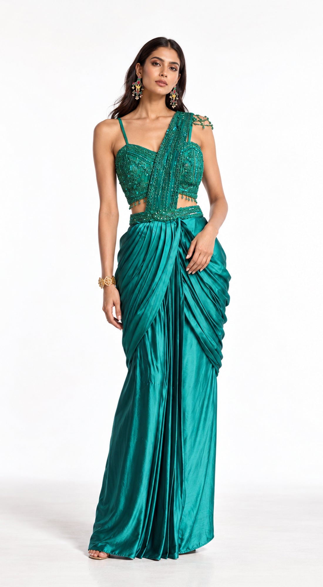GREEN SATIN EMBROIDERED DRAPED SAREE - PRO-776-GREEN - image 1