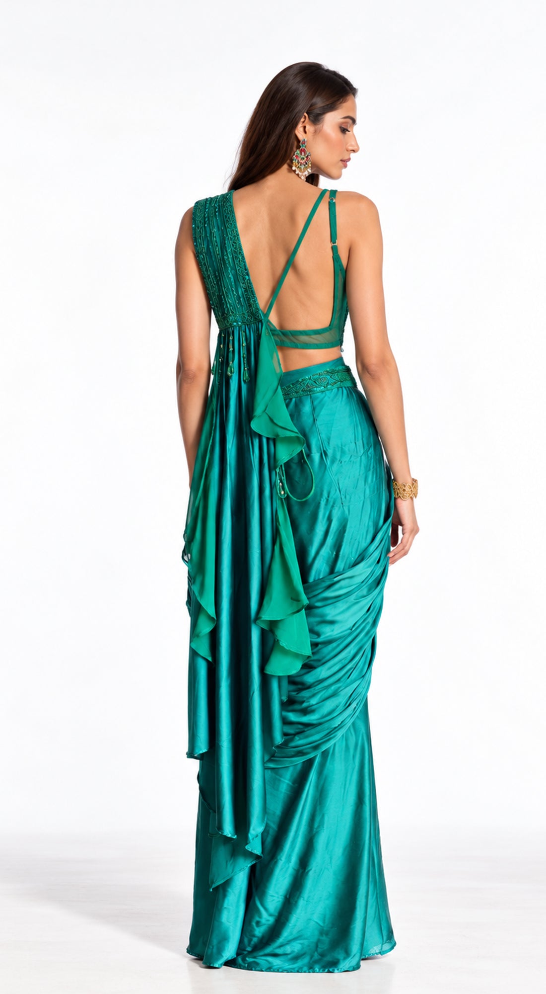 GREEN SATIN EMBROIDERED DRAPED SAREE - PRO-776-GREEN - image 4