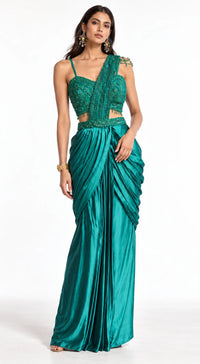 GREEN SATIN EMBROIDERED DRAPED SAREE - PRO-776-GREEN - image 1