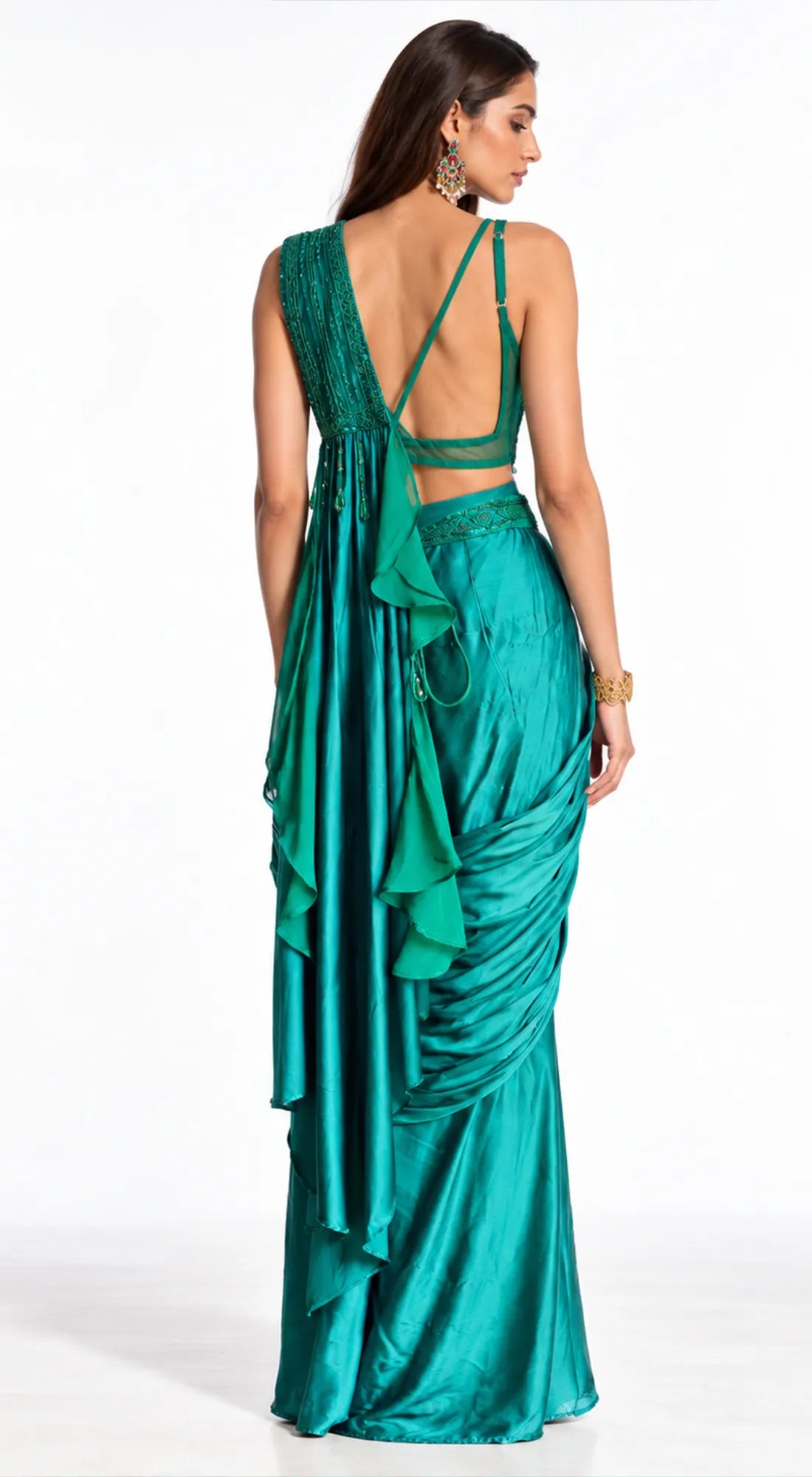 GREEN SATIN EMBROIDERED DRAPED SAREE - PRO-776-GREEN - image 4
