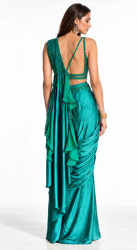 GREEN SATIN EMBROIDERED DRAPED SAREE - PRO-776-GREEN - image 4