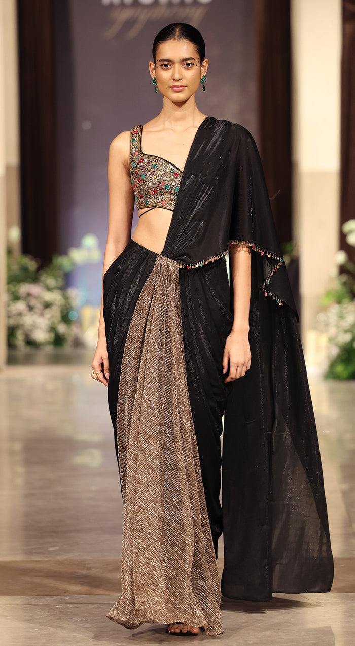 Black Lycra Embroidered Draped Saree