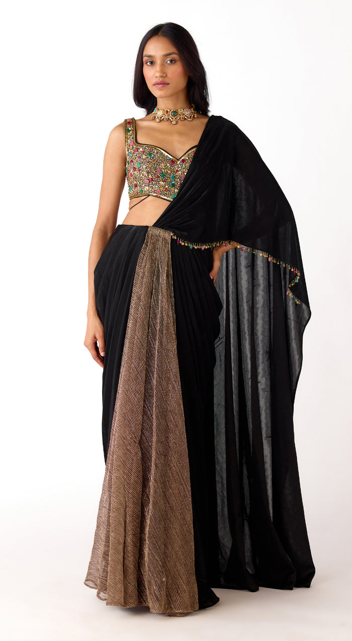 Black Lycra Embroidered Draped Saree