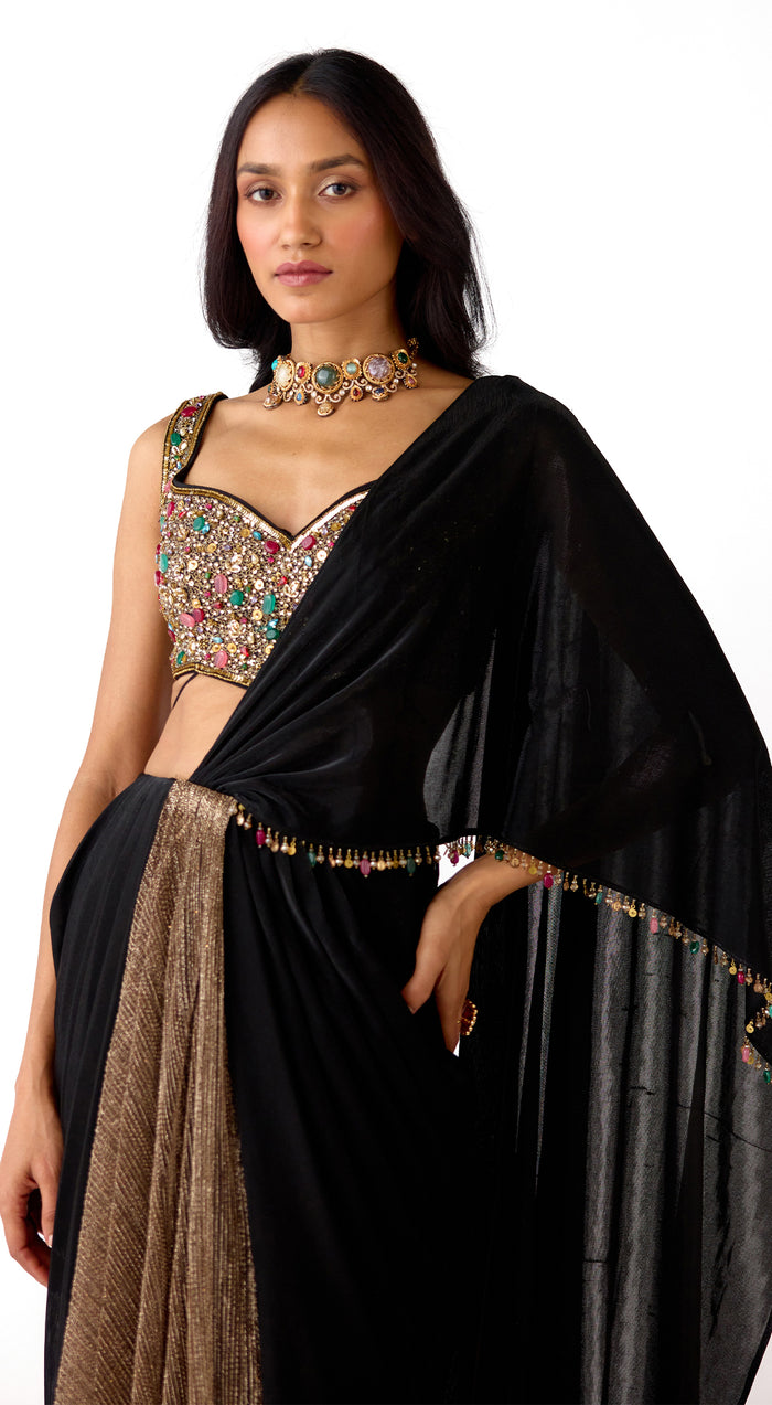 Black Lycra Embroidered Draped Saree