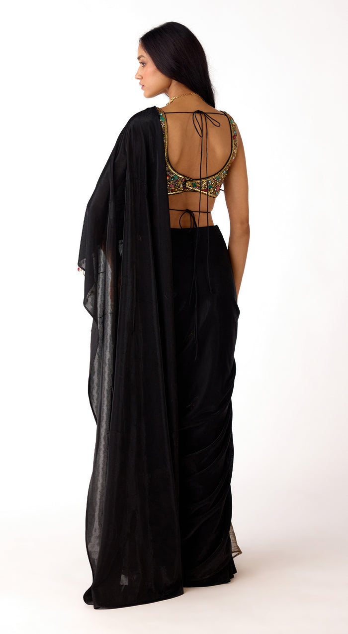 Black Lycra Embroidered Draped Saree