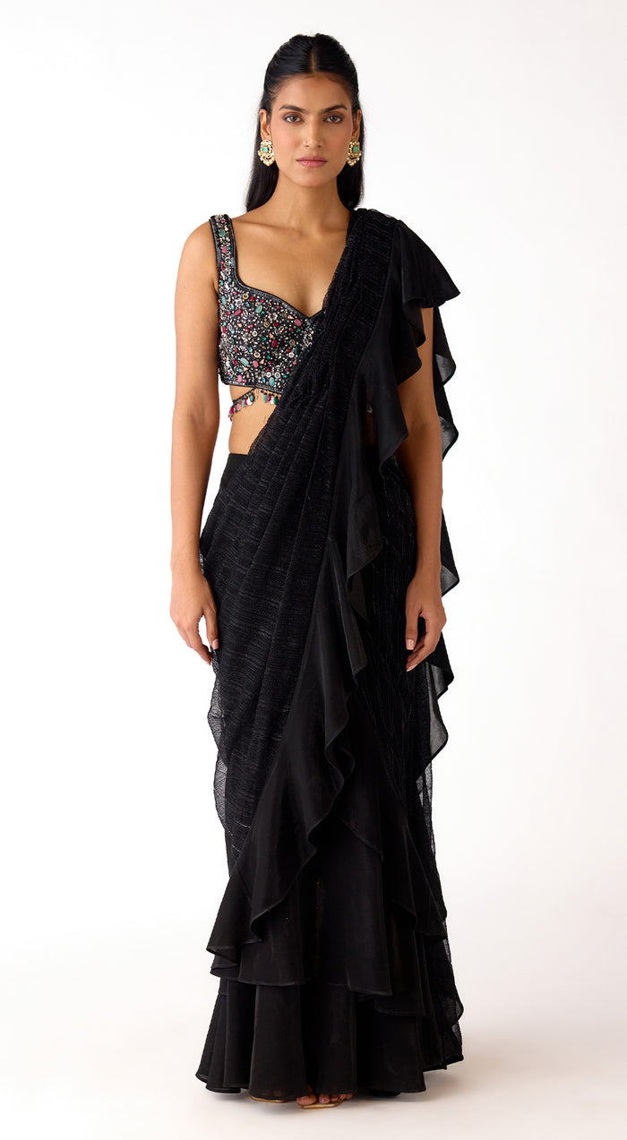 Black Lycra Embroidered Draped Saree
