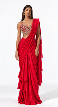 RED EMBROIDERED DRAPED RUFFLE SAREE - PRR-4044-RED - image 1