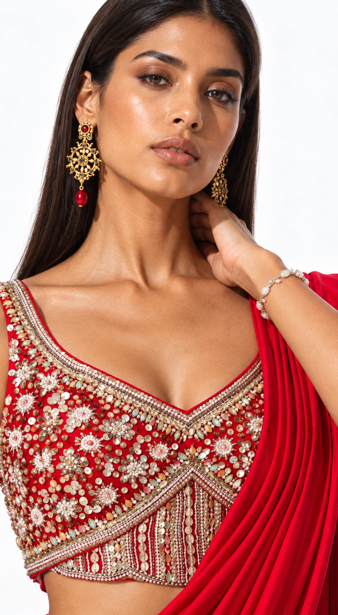 RED EMBROIDERED DRAPED RUFFLE SAREE - PRR-4044-RED - image 2